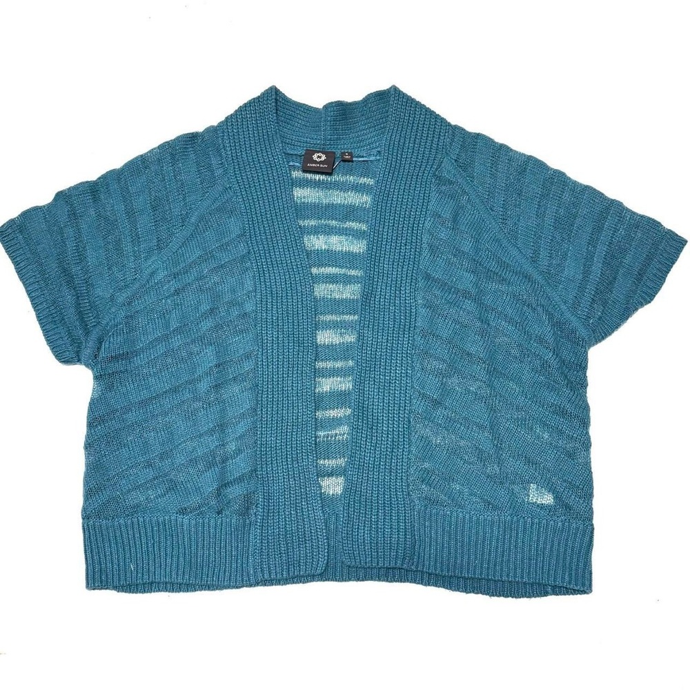Blue short sleeve knit cardigan with stripe detailing